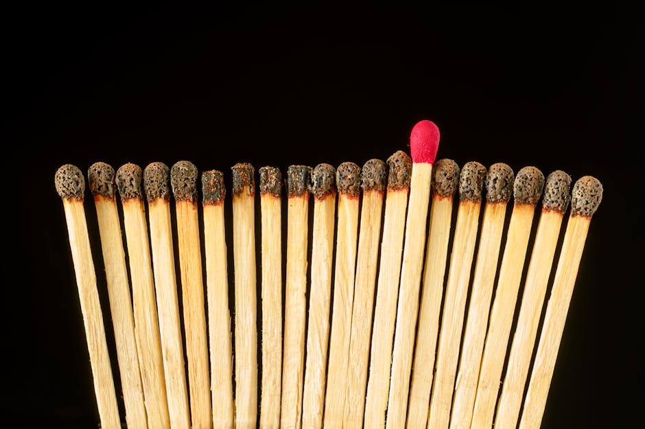 A standout red-tipped match among burnt ones, symbolizing uniqueness and individuality.