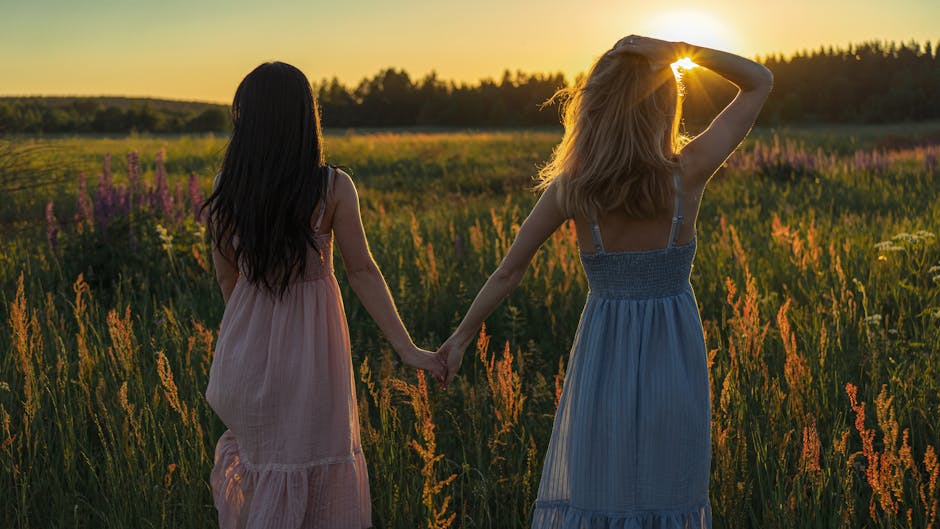 Two girls holding hands, enjoying a sunny day in a beautiful summer field.