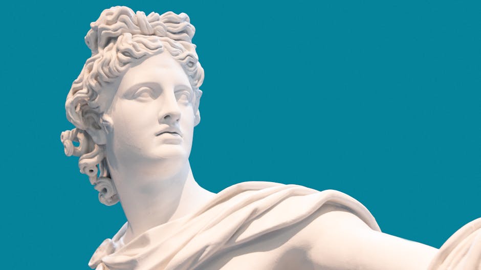 A detailed renaissance-style marble sculpture of Apollo against a vibrant blue background, showcasing classical art.
