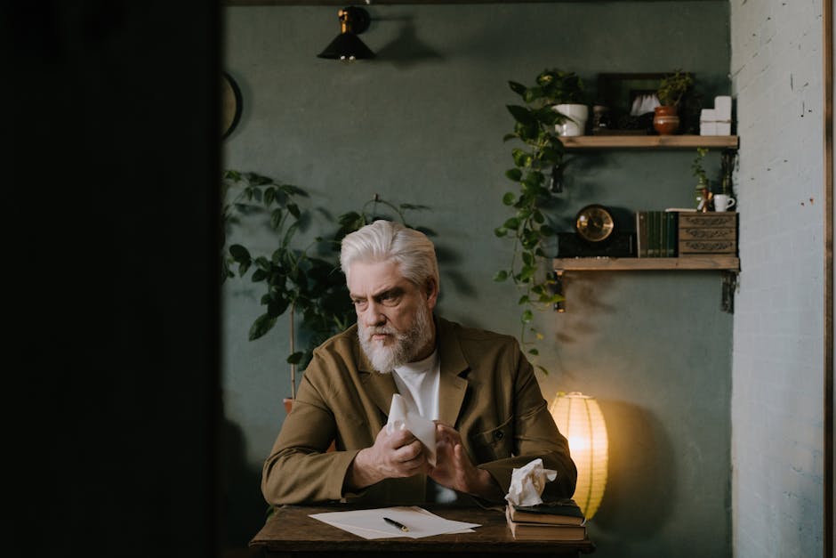 An elderly man with a beard sits thoughtfully indoors holding crumpled paper.