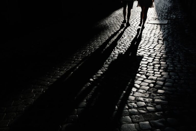 Two people walking on a cobblestone street casting long shadows in the darkness.