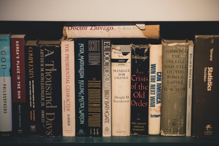 Close-up of classic literature on a wooden bookshelf, providing a vintage and educational feel.
