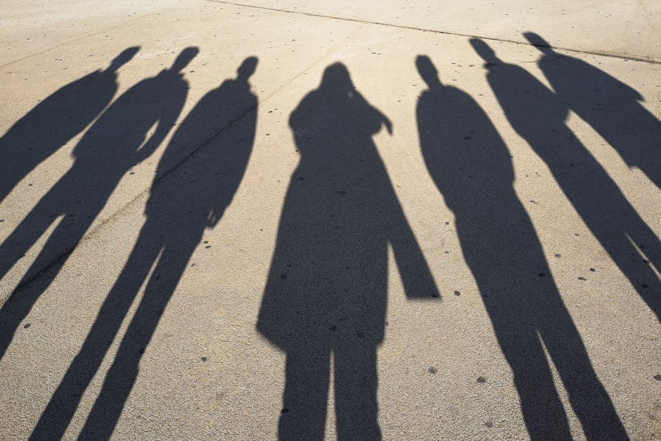 A group of human shadows cast on pavement by sunlight, creating a unique visual effect.