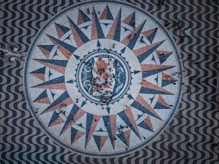 Stunning aerial view of the Compass Rose at Padrão dos Descobrimentos, Lisbon.