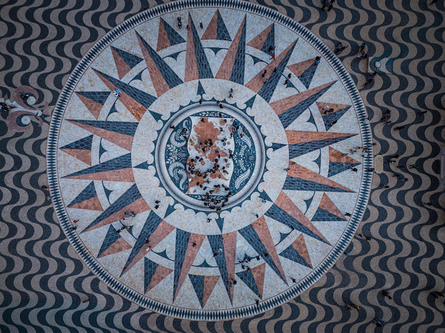 Stunning aerial view of the Compass Rose at Padrão dos Descobrimentos, Lisbon.