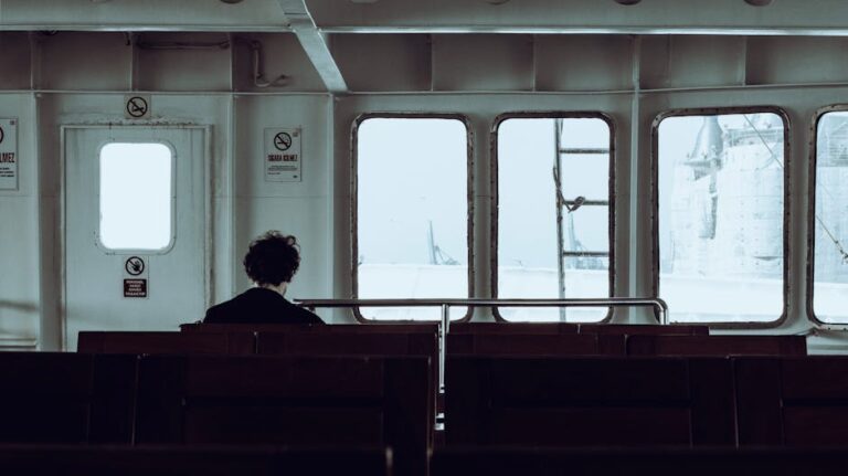 Person sitting alone on a ferry, facing the sea through large windows, reflecting solitude.