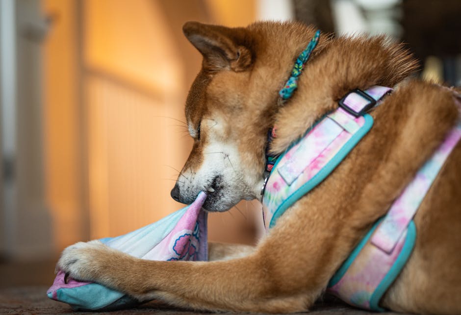 Adorable Shiba Inu playing with a colorful toy indoors, showcasing playfulness and cuteness.