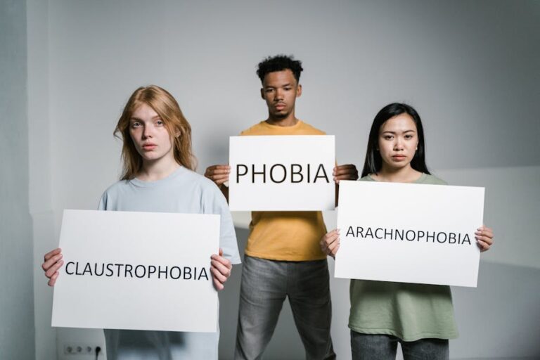 Three individuals demonstrate common phobias: arachnophobia, claustrophobia, and general fear.