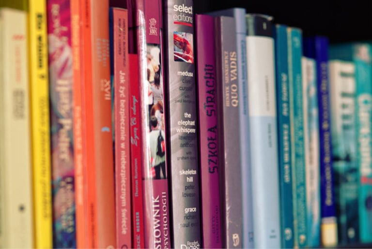 Vibrant array of books on a shelf showcasing diverse titles and colors.