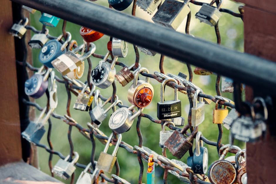 Scenery of many padlocks hanging on bridge railing or fence on sunny day