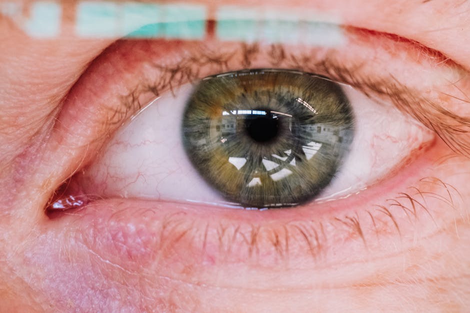 A close-up image of a green human eye with intricate reflections, showcasing vivid detail.