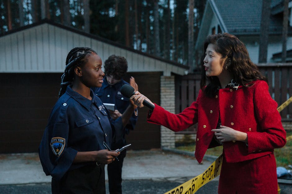 A journalist interviewing a policewoman at a crime scene during twilight.