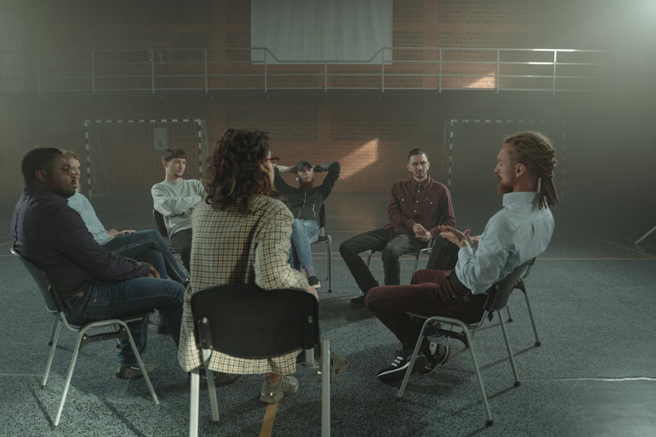 A diverse group engages in a therapy session inside a gym, fostering mental health support.