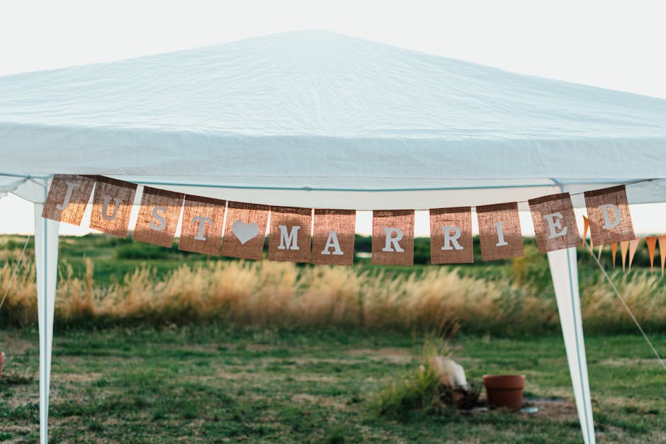 Rustic 'Just Married' banner at an outdoor wedding venue with a natural setting.