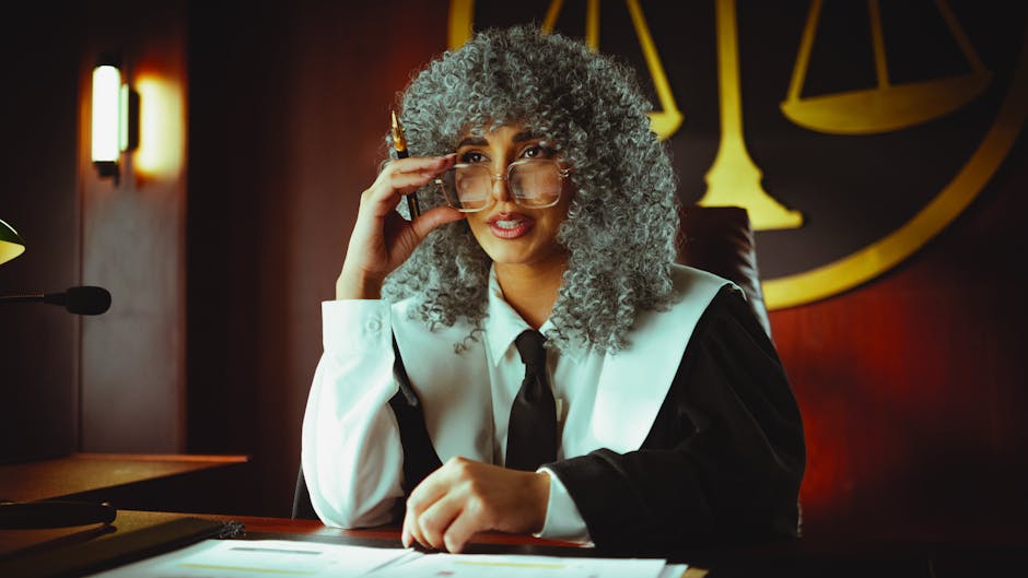 An elegant judge in robes sits at a desk in a courtroom, poised and authoritative.
