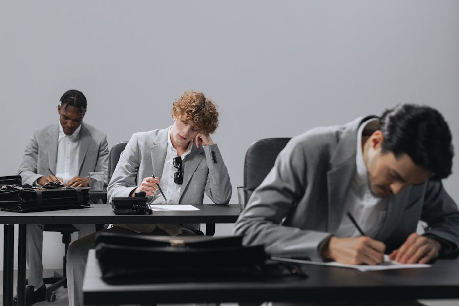 Three professionals in gray suits concentrating on paperwork in a modern office.