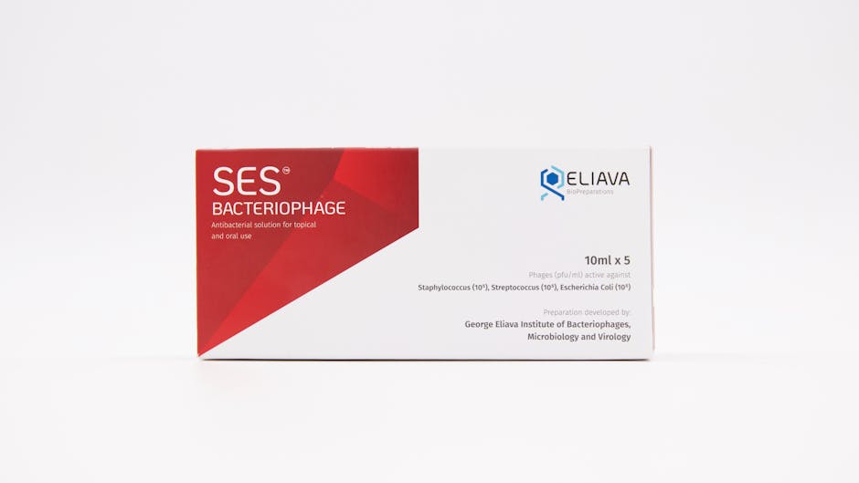 Packaged SES bacteriophage antibacterial solution for topical and oral use against bacteria.