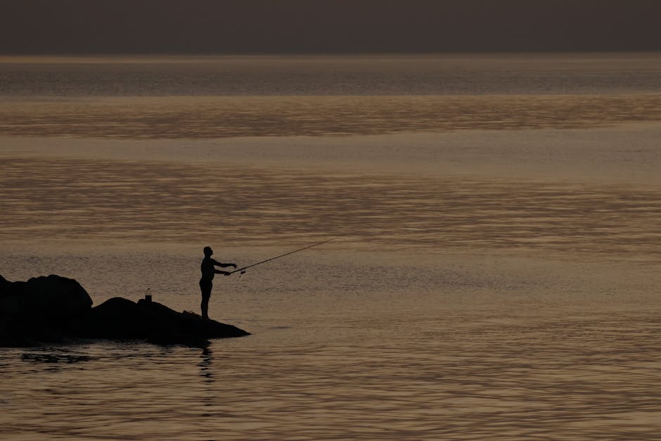 A lone fisherman casts his line from rocky shore into a serene sea at sunset.