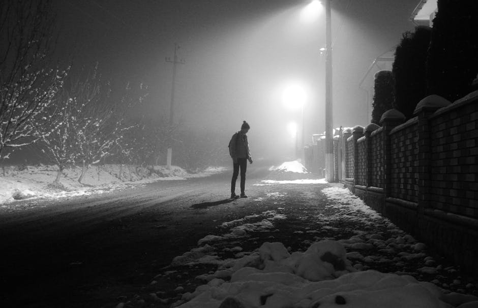 Silhouette of a lone person on a snowy street at night, under streetlights.