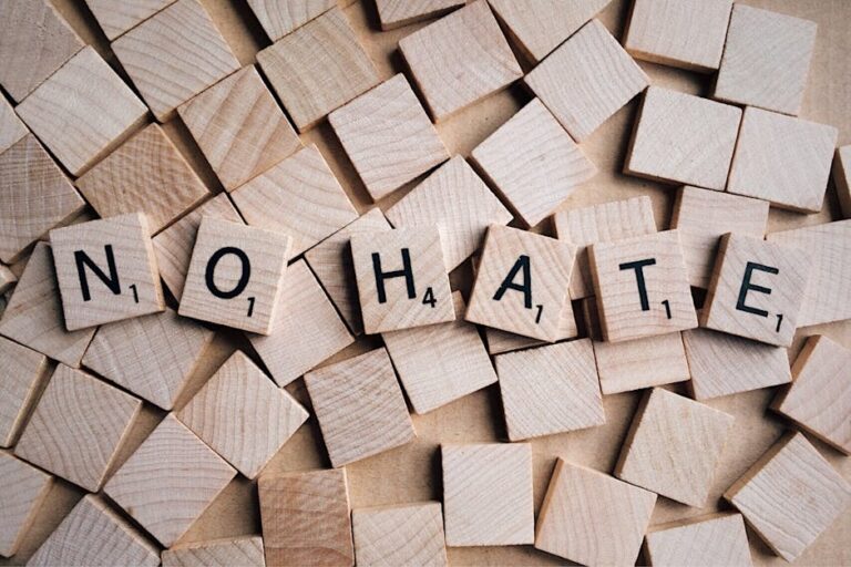 Overhead shot of wooden scrabble tiles forming the phrase 'No Hate', emphasizing a message of inclusivity.